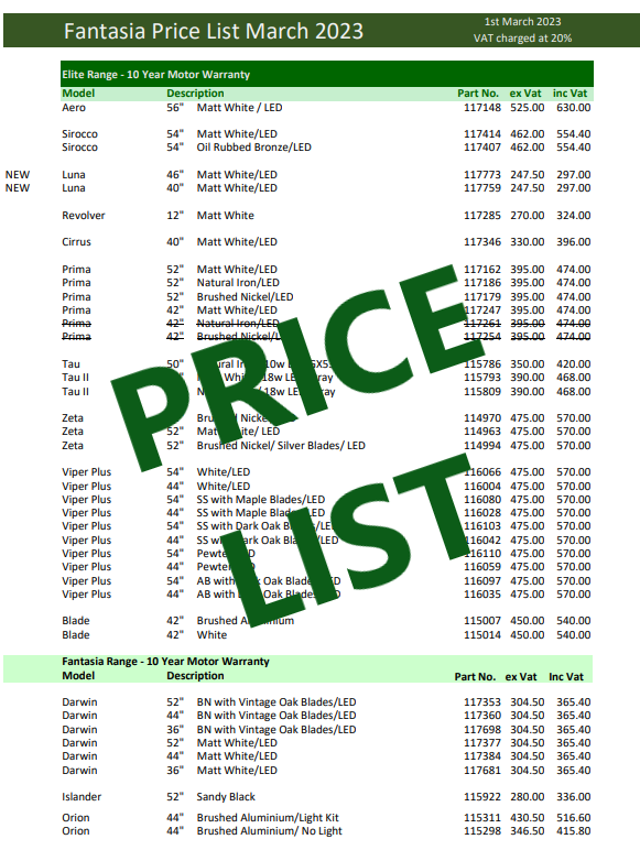 Price List March 2023